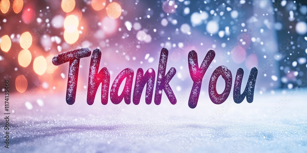 Poster a vibrant thank you message is displayed against a snowy winter background, surrounded by soft glowi