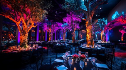Neon-lit trees illuminate a sophisticated event space with round tables set for a formal dinner.
