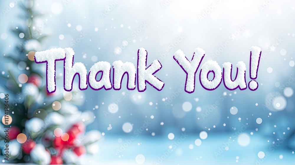 Poster a cheerful thank you message adorned with a whimsical font is surrounded by soft snowfall and a fest
