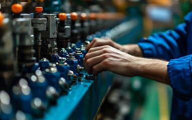 Close-up of worker's hands adjusting machinery in a factory.