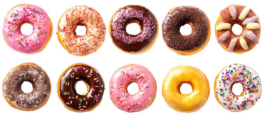 colorful assortment of donuts arranged in two rows the donuts come in various flavors and toppings. including sprinkles. chocolate glaze. and cream-filled varieties. showcasing a delightful selection