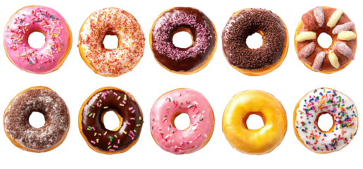 colorful assortment of donuts arranged in two rows the donuts come in various flavors and toppings. including sprinkles. chocolate glaze. and cream-filled varieties. showcasing a delightful selection