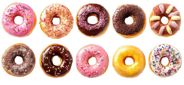 colorful assortment of donuts arranged in two rows the donuts come in various flavors and toppings. including sprinkles. chocolate glaze. and cream-filled varieties. showcasing a delightful selection