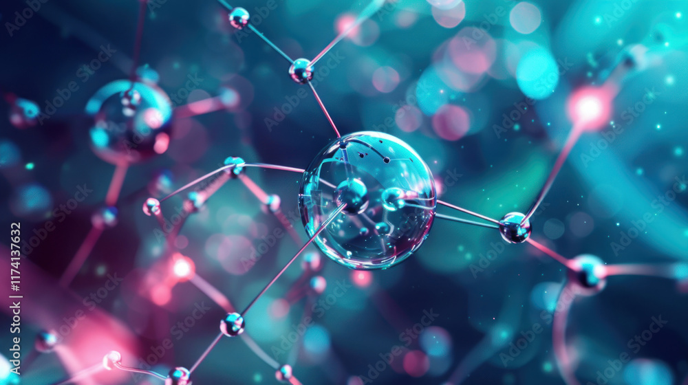 Aufkleber abstract image of a molecular structure against a background of blue and pink light effects.