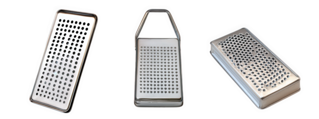 three different types of metal graters. each with a distinct design for grating food they vary in size and shape. showcasing holes of different sizes to accommodate various grating needs. ideal for pr