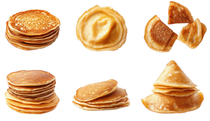 a variety of pancakes displayed in different arrangements. highlighting their textures and shapes the pancakes are stacked. arranged in a circular fashion. and presented in a way that emphasizes their
