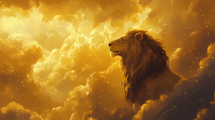 Majestic lion gazes heavenward in golden cloudscape. Ravenwood. Illustration