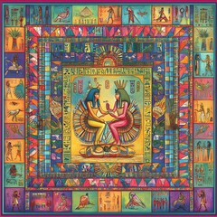 A detailed hieroglyphic bas-relief depicting an ancient Egyptian priest and goddess adorned with intricate patterns, their figures facing each other in the center of two matching colored squares 
