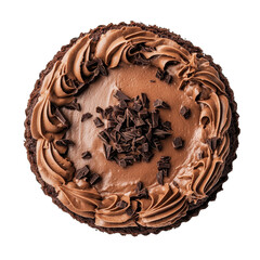 round chocolate cake topped with swirls of chocolate frosting and chocolate shavings. showcasing a rich and indulgent dessert perfect for celebrations or special occasions the cake's glossy finish and
