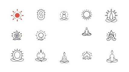 Abstract yoga zen and meditation linear icons and logos set on a white background, linear, logos, meditation