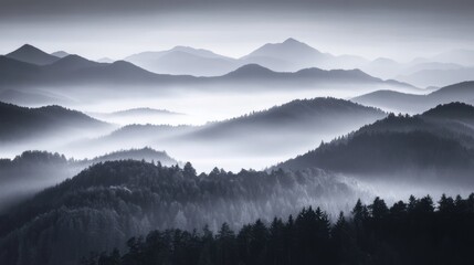 Misty Mountains and Forests Embrace the Dawn