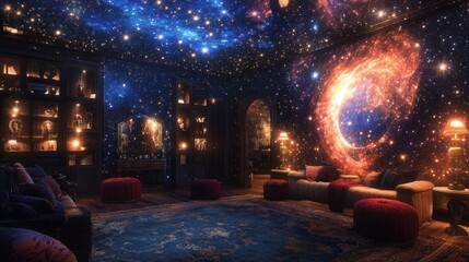 Obraz premium Celestial Living Room: A cosmic sanctuary where stars illuminate a cozy interior, inviting relaxation and wonder.
