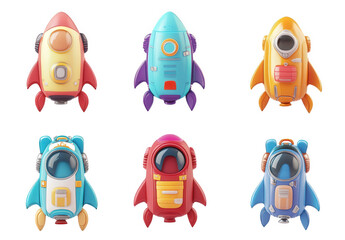 collection of six colorful. cartoonish rocket designs arranged in a grid each rocket has distinct features. including buttons. windows. and varying colors. suggesting a playful. imaginative theme suit