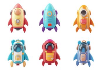 collection of six colorful. cartoonish rocket designs arranged in a grid each rocket has distinct features. including buttons. windows. and varying colors. suggesting a playful. imaginative theme suit