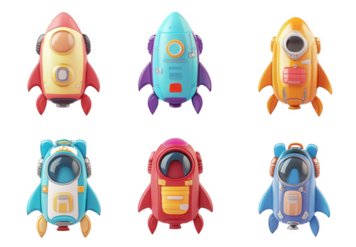 collection of six colorful. cartoonish rocket designs arranged in a grid each rocket has distinct features. including buttons. windows. and varying colors. suggesting a playful. imaginative theme suit