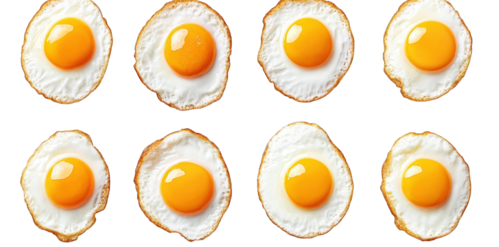 grid of fried eggs. each with a bright yellow yolk and a crispy white edge. arranged in a visually appealing manner the clean. white background emphasizes the eggs. making them the focal point. suitab