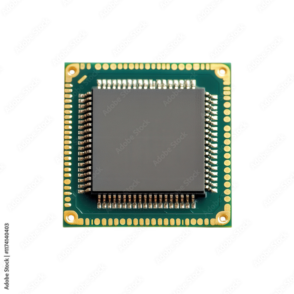 Poster a microprocessor. a crucial component in computing technology. featuring a square chip with numerous