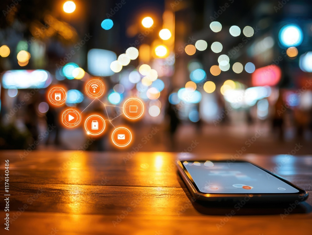 Poster mobile device interaction urban environment digital communication nighttime setting close-up view so