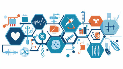 Abstract medical illustration showing interconnected hexagons representing various healthcare concepts.  Perfect for medical websites, presentations, and publications.