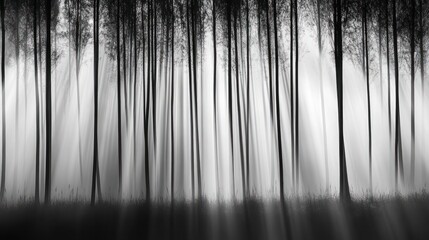 Monochromatic Forest Scene With Light Rays Piercing Fog