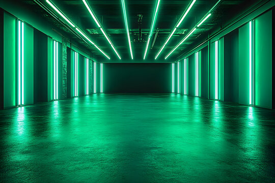 An empty dark room with green fluorescent neon lights creates a stage-like atmosphere, perfect for a scene or night club party concept, with ample space for text or product display