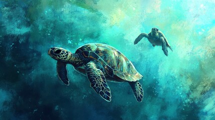 Obraz premium Turtles Swimming in a Coral Reef Environment