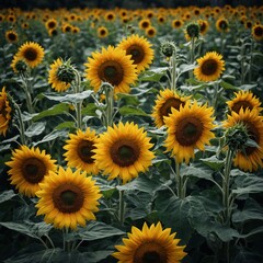 "Golden sunflowers contrasting with dark green foliage."