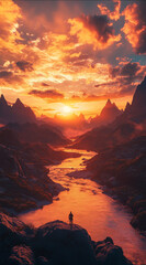 Fototapeta premium A spectacular landscape at sunset, warm shades of orange and red illuminating the mountains and flowing river. Soft clouds floating in the sky, the silhouette of a Chinese soldier