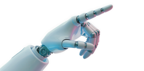 a robotic hand with a sleek. futuristic design. showcasing articulated fingers in a gesture that suggests interaction or communication the hand is predominantly white with metallic joints. emphasizing