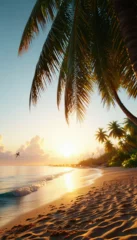 Gardinen Tropical seaside with palms at sunset vertical © ArtisticLens