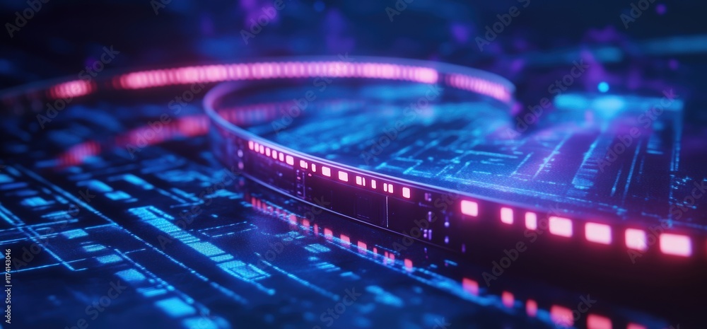 Poster abstract futuristic technology: neon circuitry and data stream