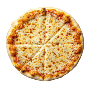 round cheese pizza. sliced into eight equal pieces. showcasing a golden-brown crust and a generous layer of melted cheese atop a tomato base the pizza is presented on a plain white background. emphasi