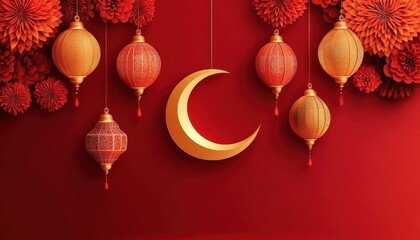 Festive Red Background With Golden Lanterns And Moon