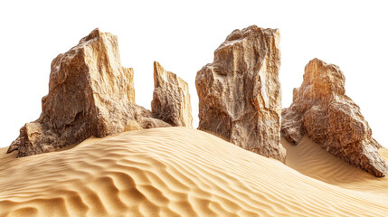 Sandy desert landscape featuring rock formations isolated on white background. Suitable for marketing or business purposes. PNG file