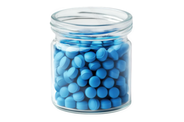 a glass jar filled with blue circular tablets. showcasing a neatly organized collection of pills. likely intended for medicinal or health-related purposes the vibrant color and uniform shape suggest t