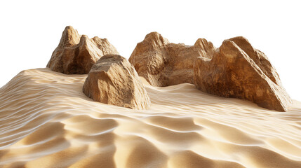 Sandy desert landscape featuring rock formations isolated on white background. Suitable for marketing or business purposes. PNG file