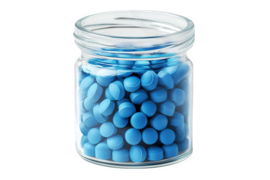 a glass jar filled with blue circular tablets. showcasing a neatly organized collection of pills. likely intended for medicinal or health-related purposes the vibrant color and uniform shape suggest t