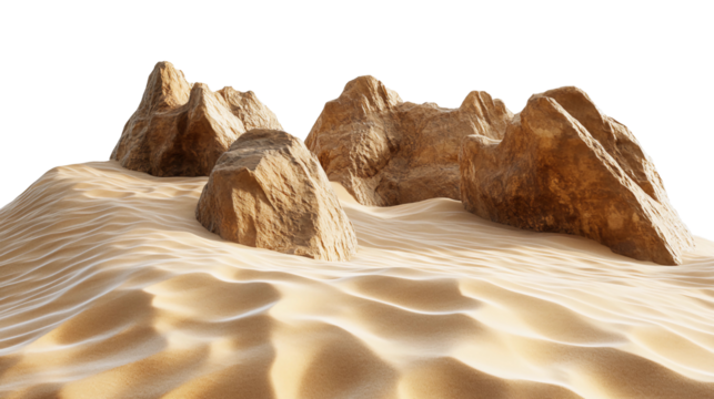 Sandy desert landscape featuring rock formations isolated on white background. Suitable for marketing or business purposes. PNG file
