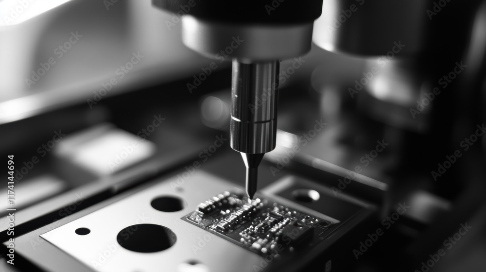 Poster automated soldering machine precisely placing components on a circuit board, showcasing advanced man