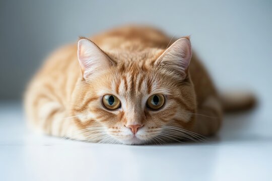 Ginger cat lying down and resting on white surface - Powered by Adobe