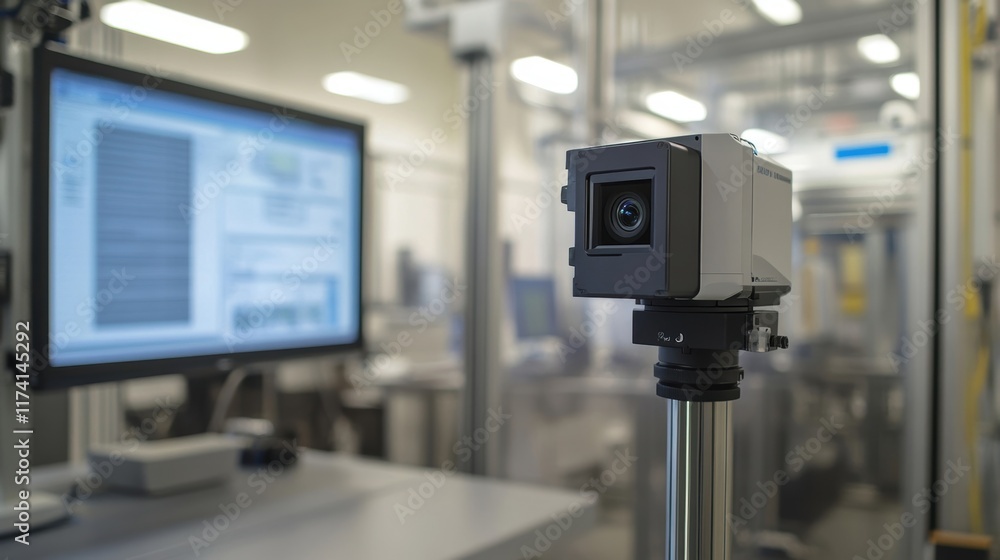 Poster high tech digital camera mounted on a stand, recording data in a modern laboratory with a computer m