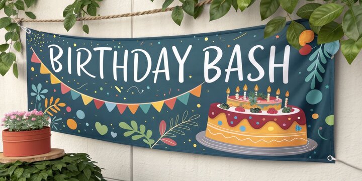 Colorful birthday bash banner with cake and decorative elements - Powered by Adobe