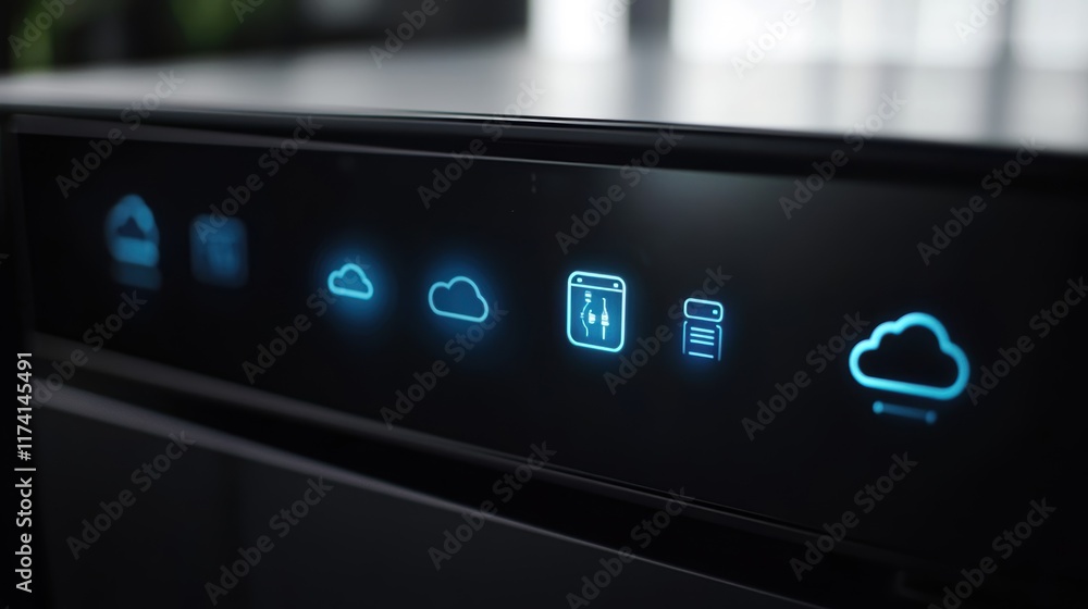 Poster cloud computing storage server is showing upload and download icons on display, symbolizing data tra