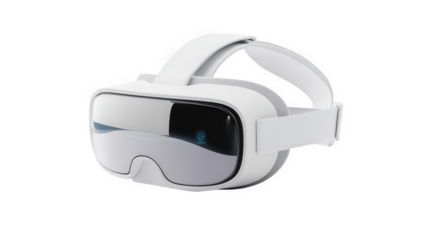 a sleek virtual reality headset designed for immersive experiences. featuring a minimalist white design and a reflective visor its purpose is to provide users with a gateway to virtual environments. e