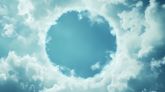Cloud filled circle with a blue sky in the background, space for text. Ravenwood. Illustration