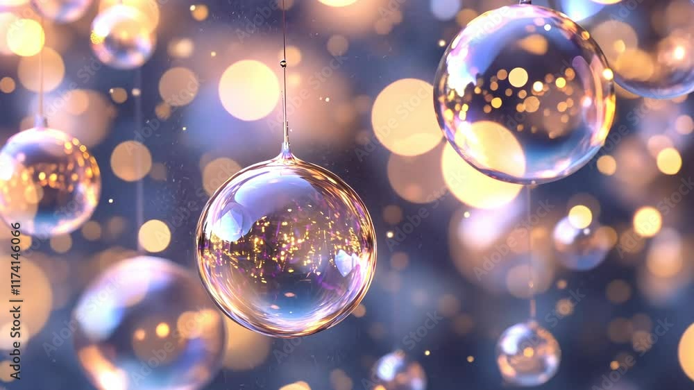 Poster decorative glass orbs hang against a backdrop of soft glowing lights in a festive setting