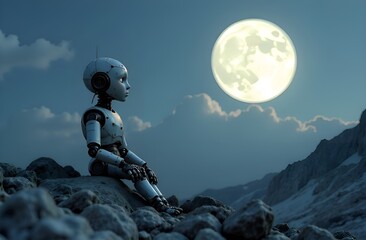 The robot is sad about human life on the background of a mountain landscape