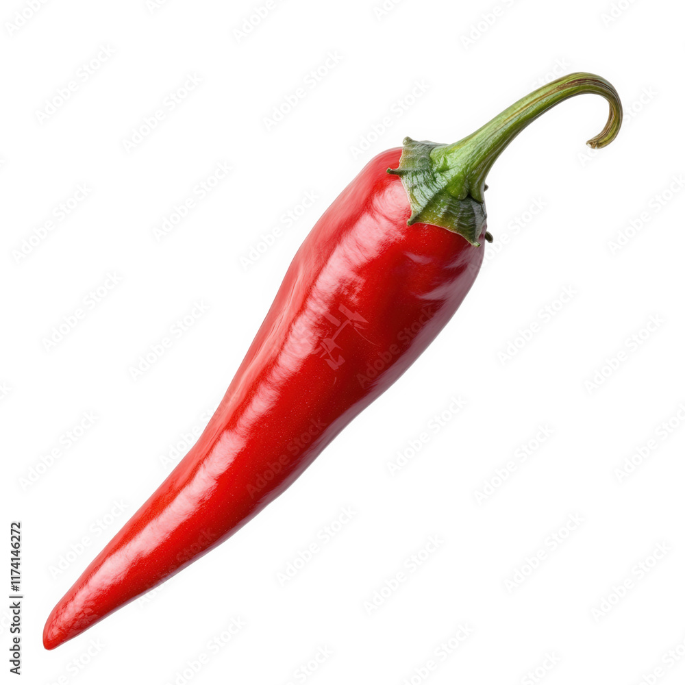 Wall mural vibrant red chili pepper. showcasing its smooth surface and curved shape. commonly used in cooking to add heat and flavor to various dishes the pepper is positioned against a plain white background. e