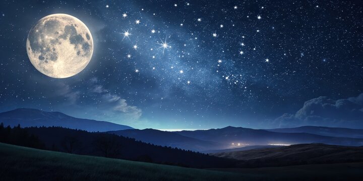 Serene night sky with bright full moon and sparkling stars over hilly landscape