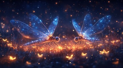 Two glowing insects surrounded by ethereal lights in a magical forest setting.
